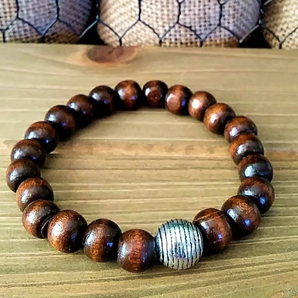 New Mens Wood Beaded Bracelet with Silver Accent - Picture 2 of 6